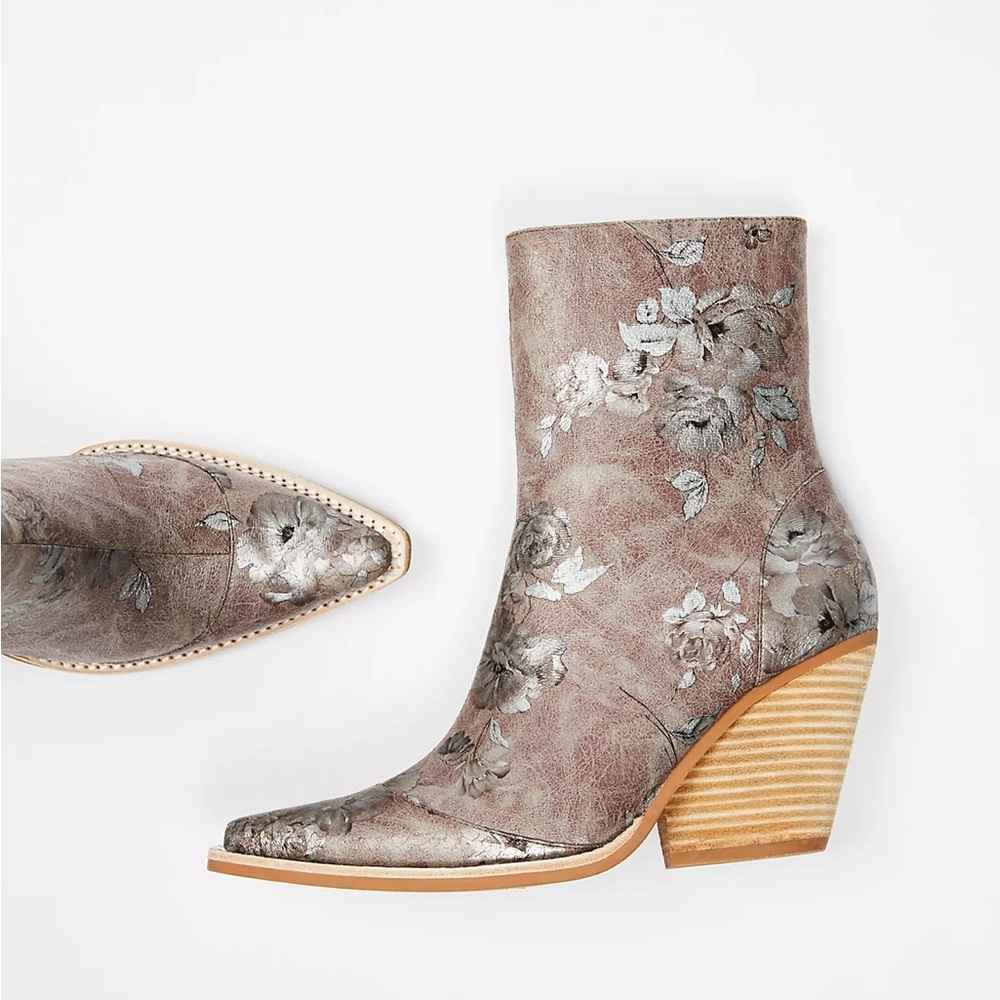 Floral Ankle Boots in Silver and Brown Free People X Jeffrey Campbell